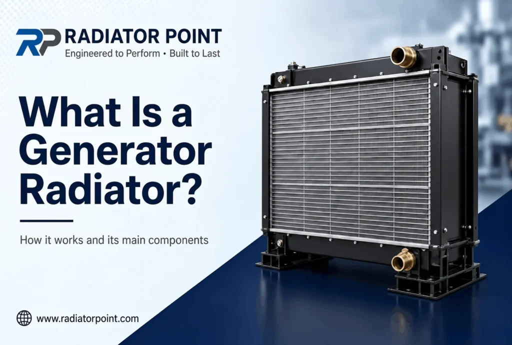 Industrial generator radiator assembly with finned core, header tanks and brass inlet-outlet connections — what a generator radiator is and how it works