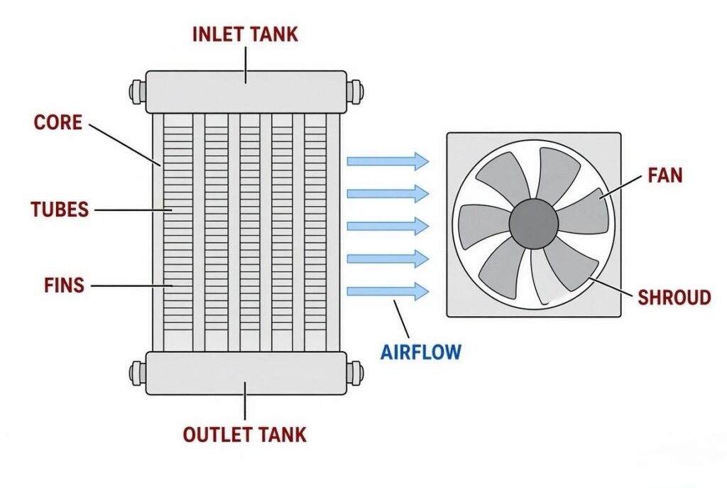 Labelled diagram of generator radiator parts including inlet tank, outlet tank, core, tubes, fins, fan and shroud