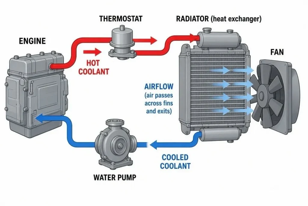 Diagram of how a generator radiator works with hot coolant, radiator core, fan airflow and cooled coolant returning to the engine